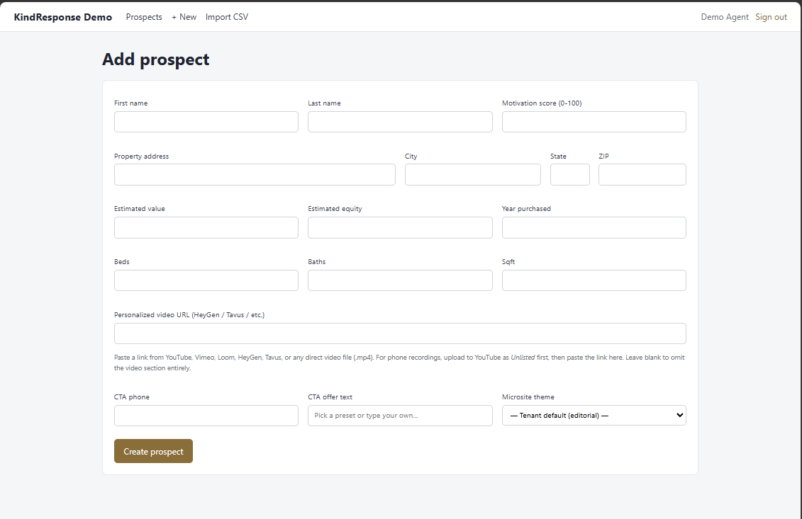 Adding a prospect — every detail becomes a personalized page.